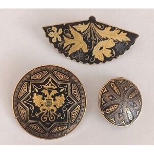 Early Vintage Lot 3 Damascene Brooches Bird Trombone Clasps Costume Jewelry
